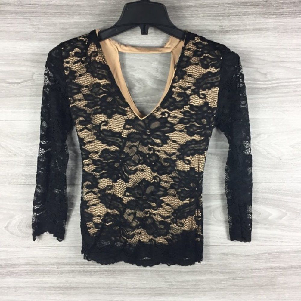 BLVD Lace V Neck Long Sleeve black blouse size S